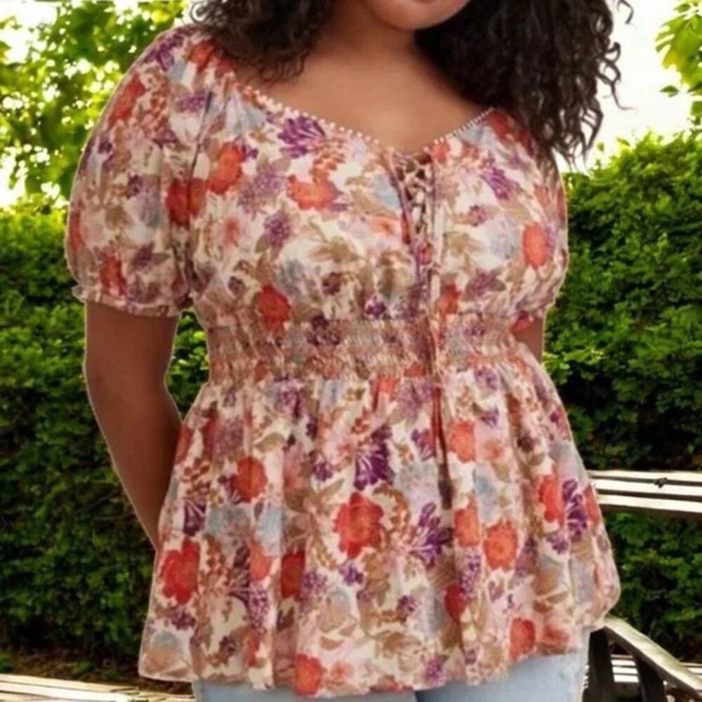 TORRID Size 0 Georgette Eyelet Smocked Waist Puffed Sleeve Multi Col Floral